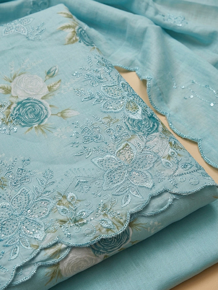 Blue Embroidery Cotton Blend Unstitched Dress Material