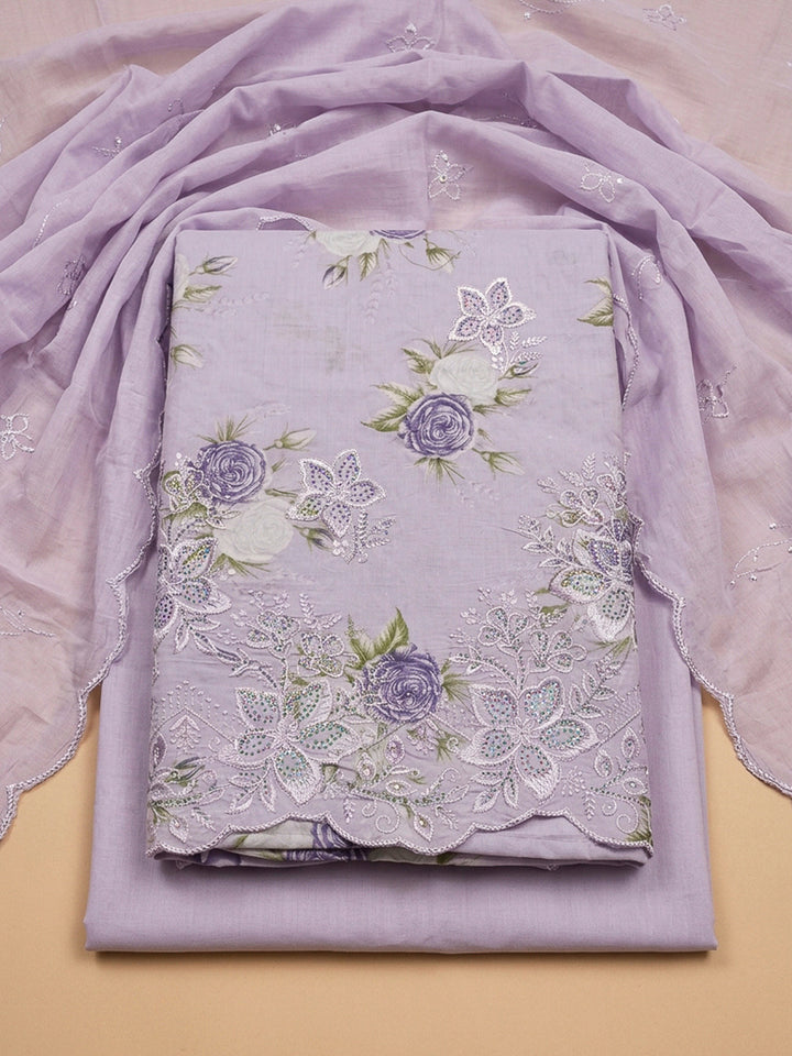 Lavender Embroidery Cotton Blend Unstitched Dress Material