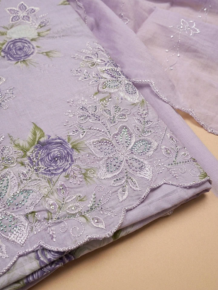 Lavender Embroidery Cotton Blend Unstitched Dress Material
