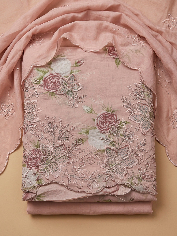 Peach Pink Embroidery Cotton Blend Unstitched Dress Material