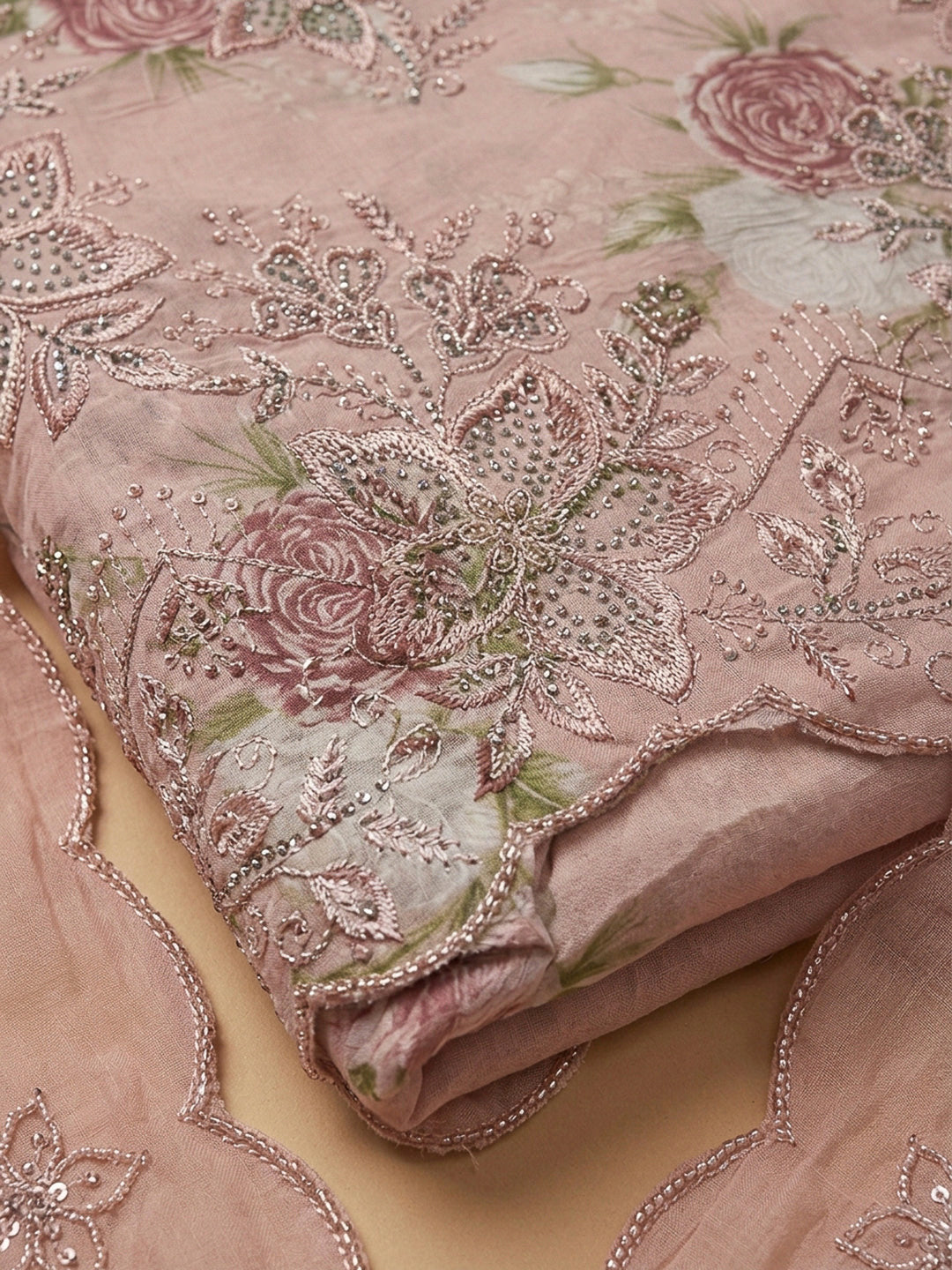 Peach Pink Embroidery Cotton Blend Unstitched Dress Material