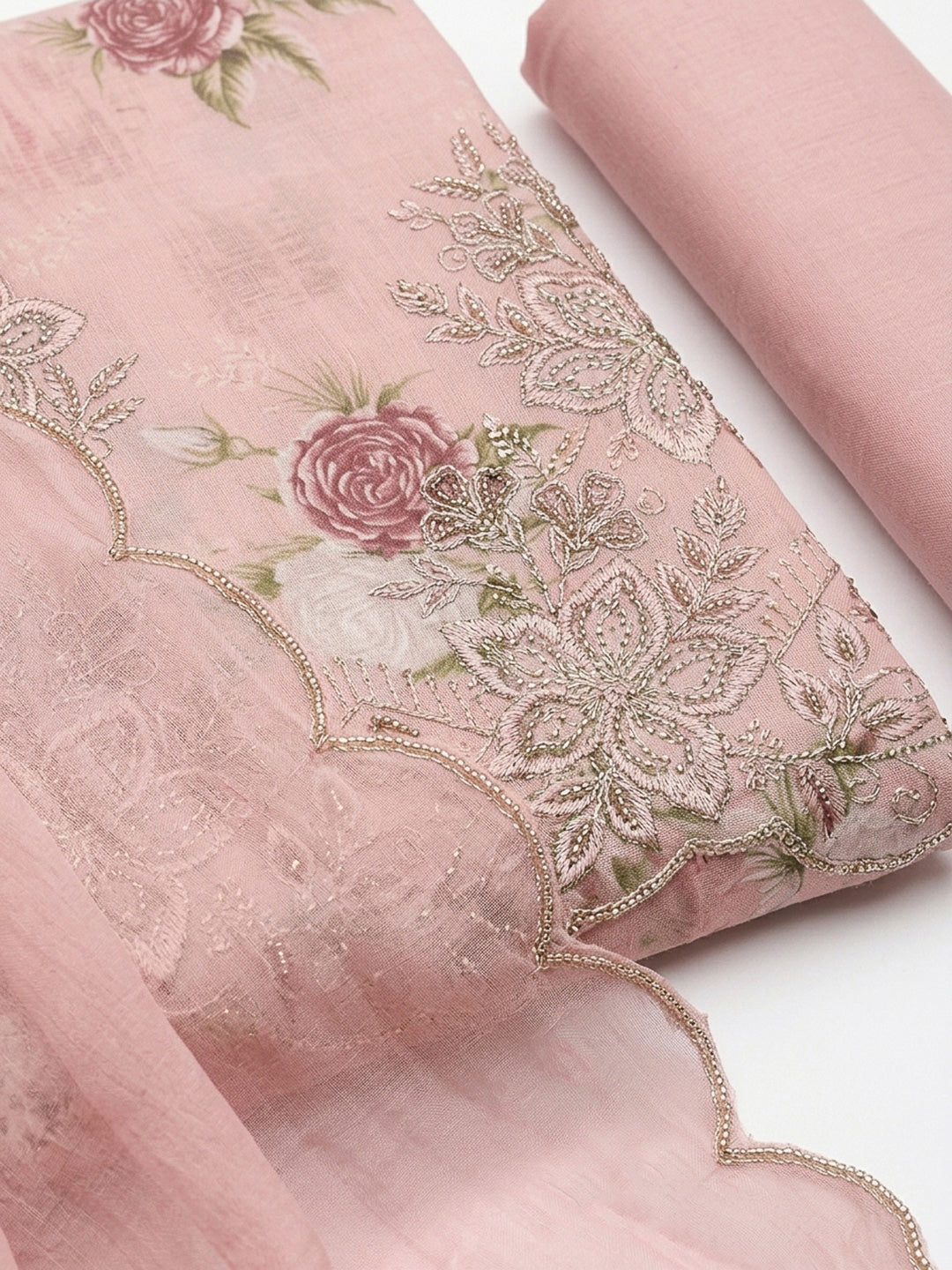 Peach Pink Embroidery Cotton Blend Unstitched Dress Material