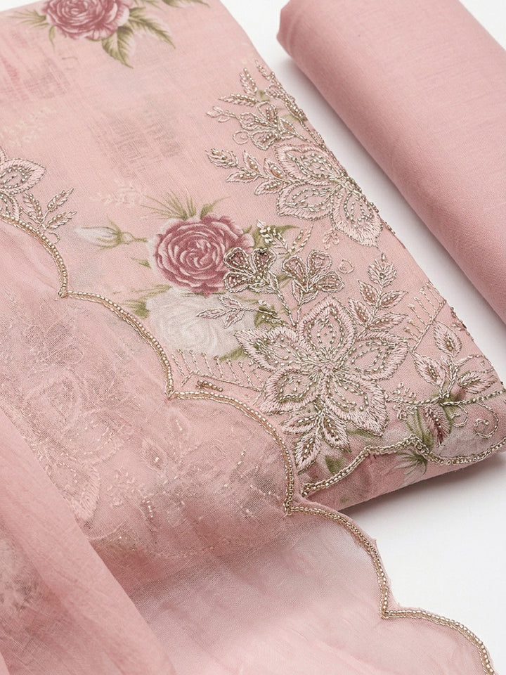 Peach Pink Embroidery Cotton Blend Unstitched Dress Material