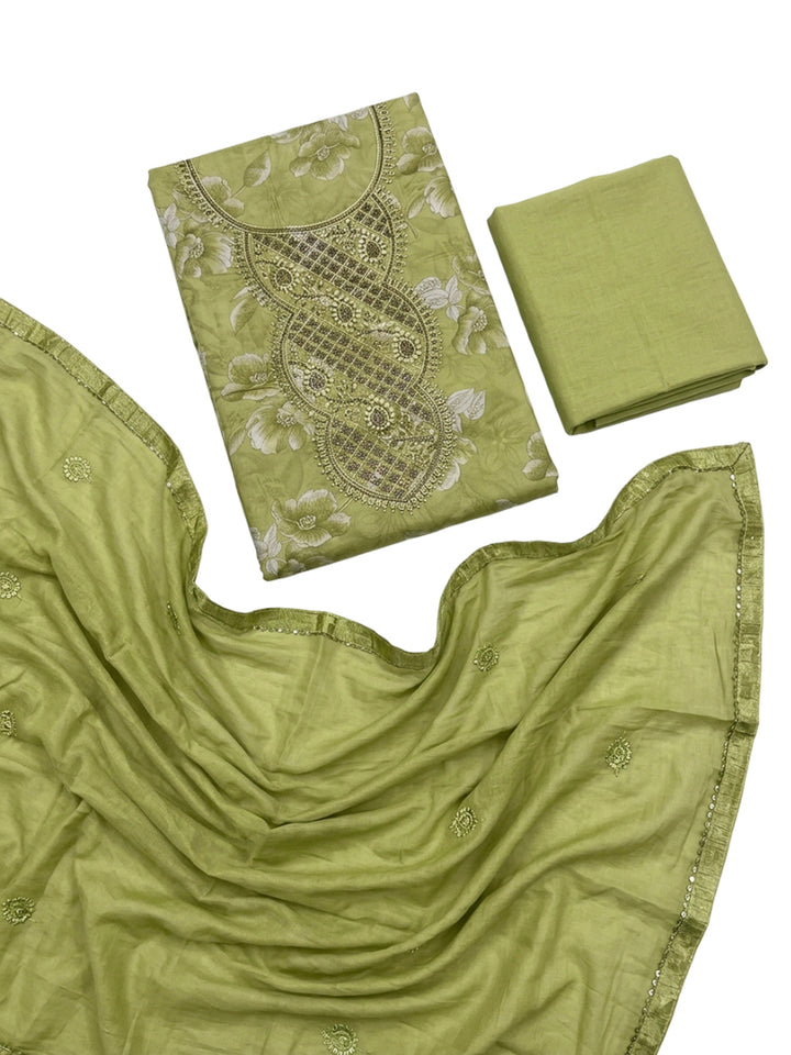 Green Embroidery Cotton Blend Unstitched Dress Material