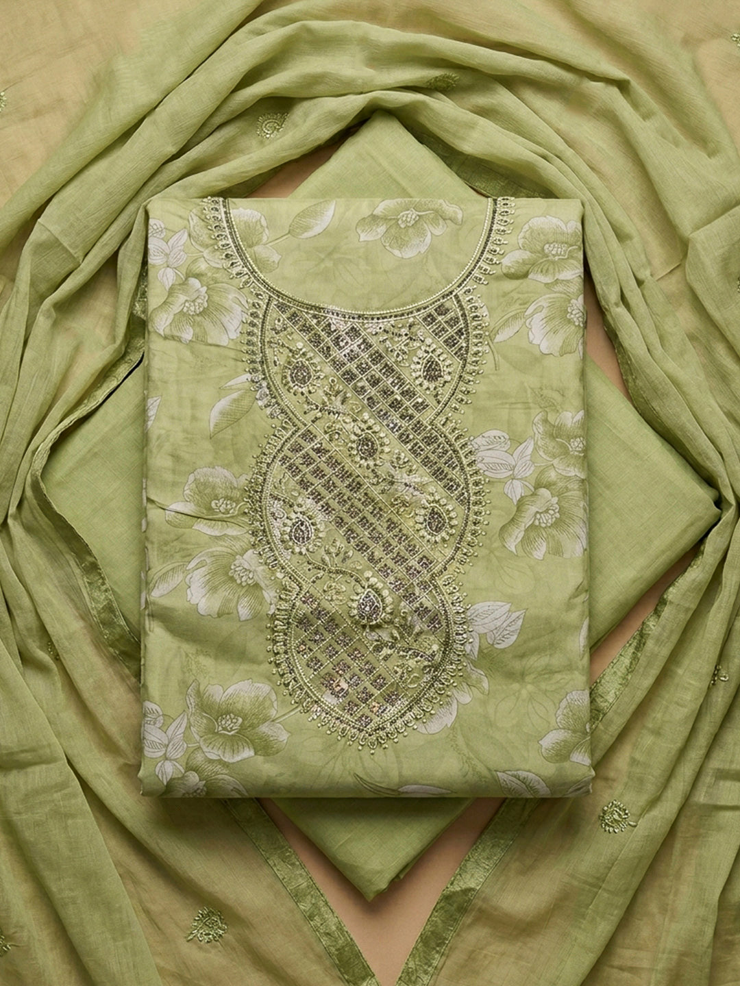 Green Embroidery Cotton Blend Unstitched Dress Material