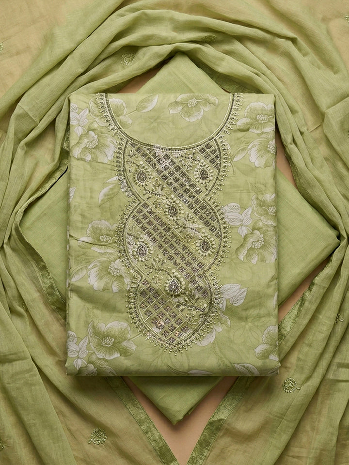 Green Embroidery Cotton Blend Unstitched Dress Material