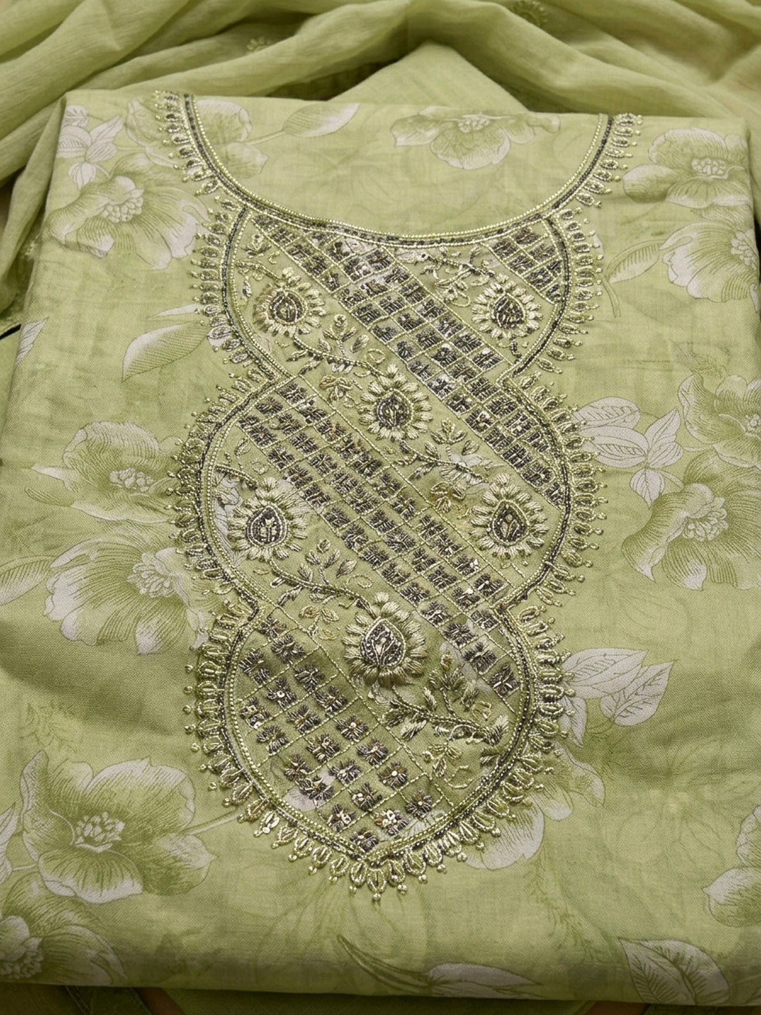Green Embroidery Cotton Blend Unstitched Dress Material