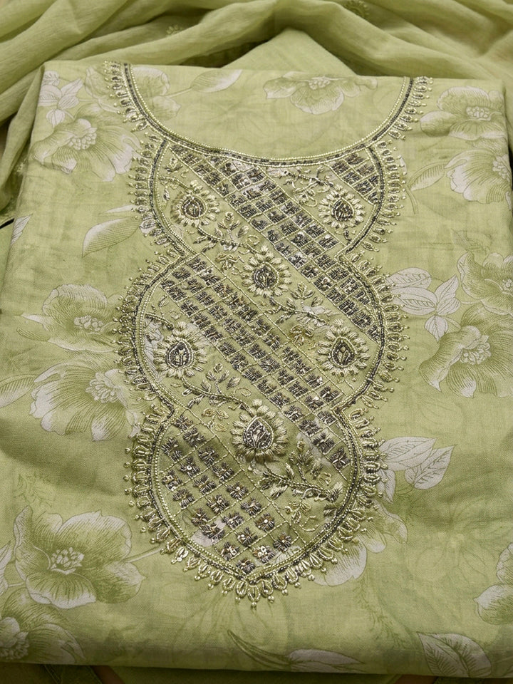 Green Embroidery Cotton Blend Unstitched Dress Material