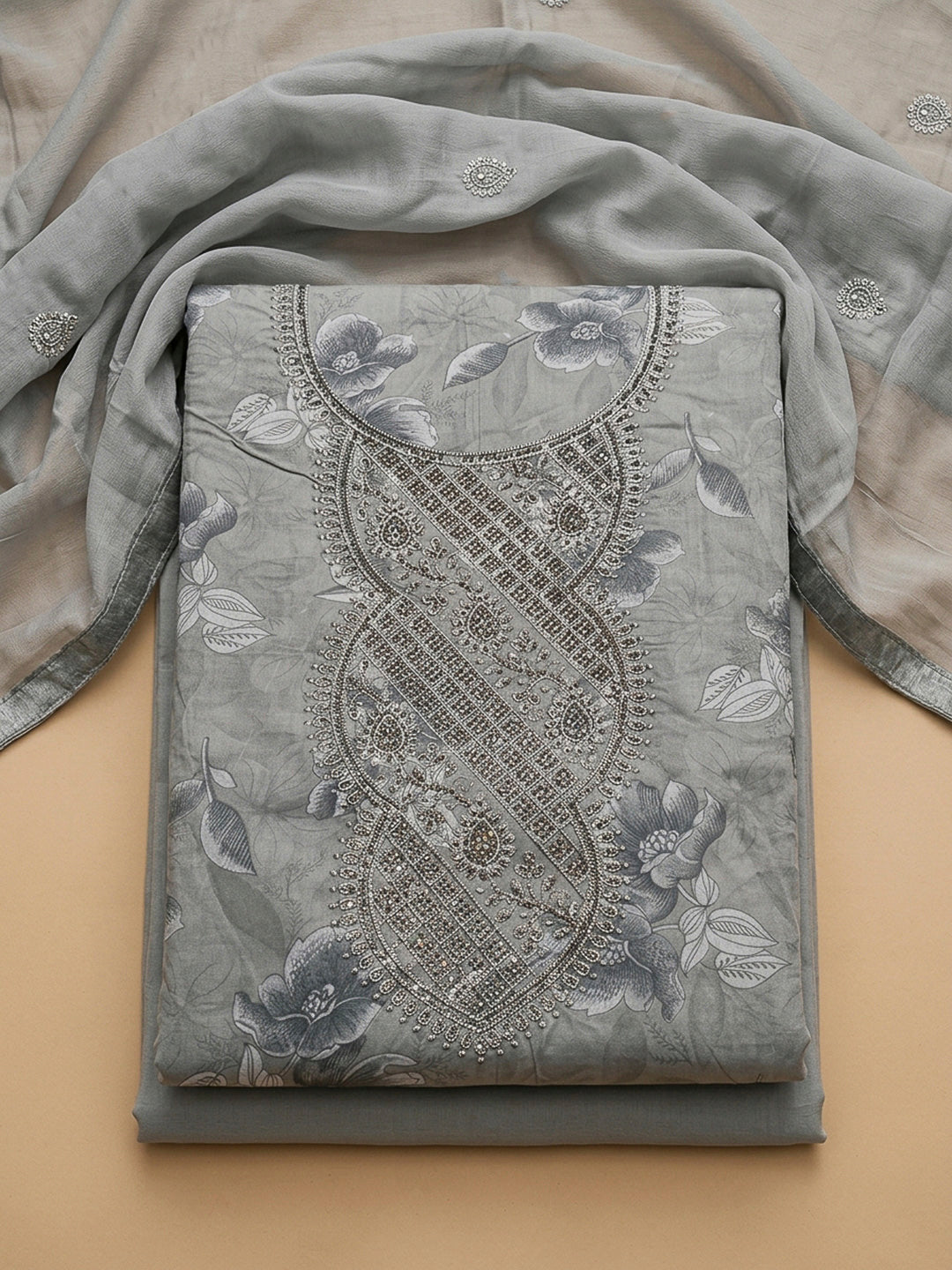 Grey Embroidery Cotton Blend Unstitched Dress Material