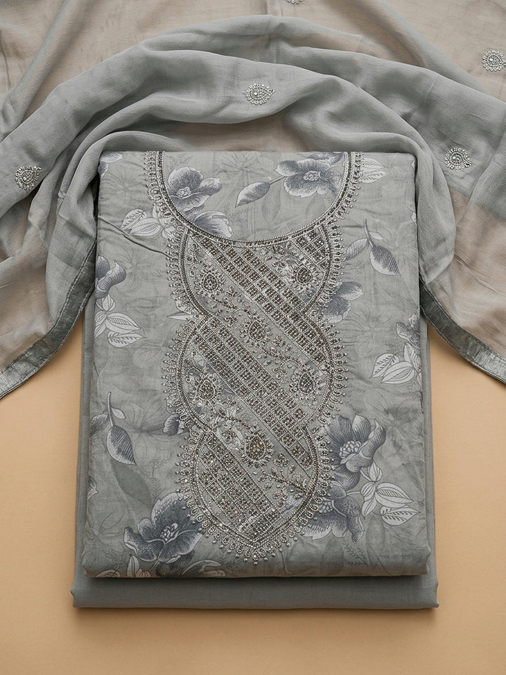 Grey Embroidery Cotton Blend Unstitched Dress Material