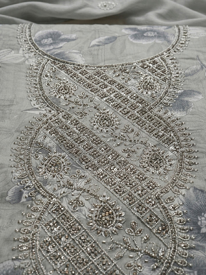 Grey Embroidery Cotton Blend Unstitched Dress Material