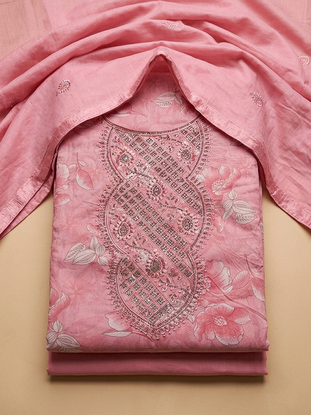 Peach Embroidery Cotton Blend Unstitched Dress Material