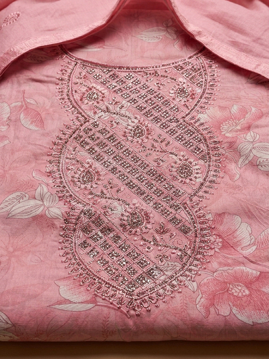 Peach Embroidery Cotton Blend Unstitched Dress Material