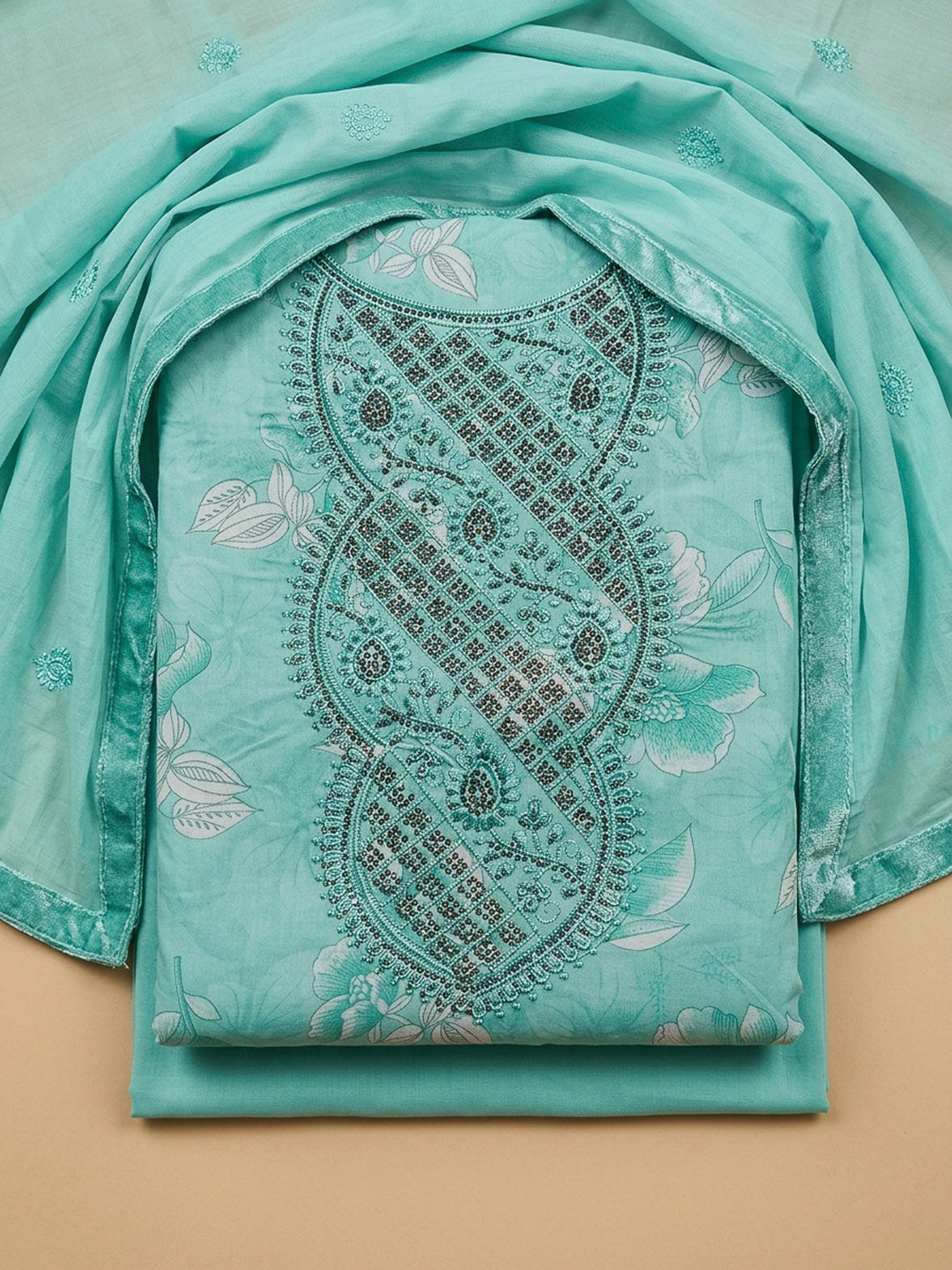 Rama Green Embroidery Cotton Blend Unstitched Dress Material