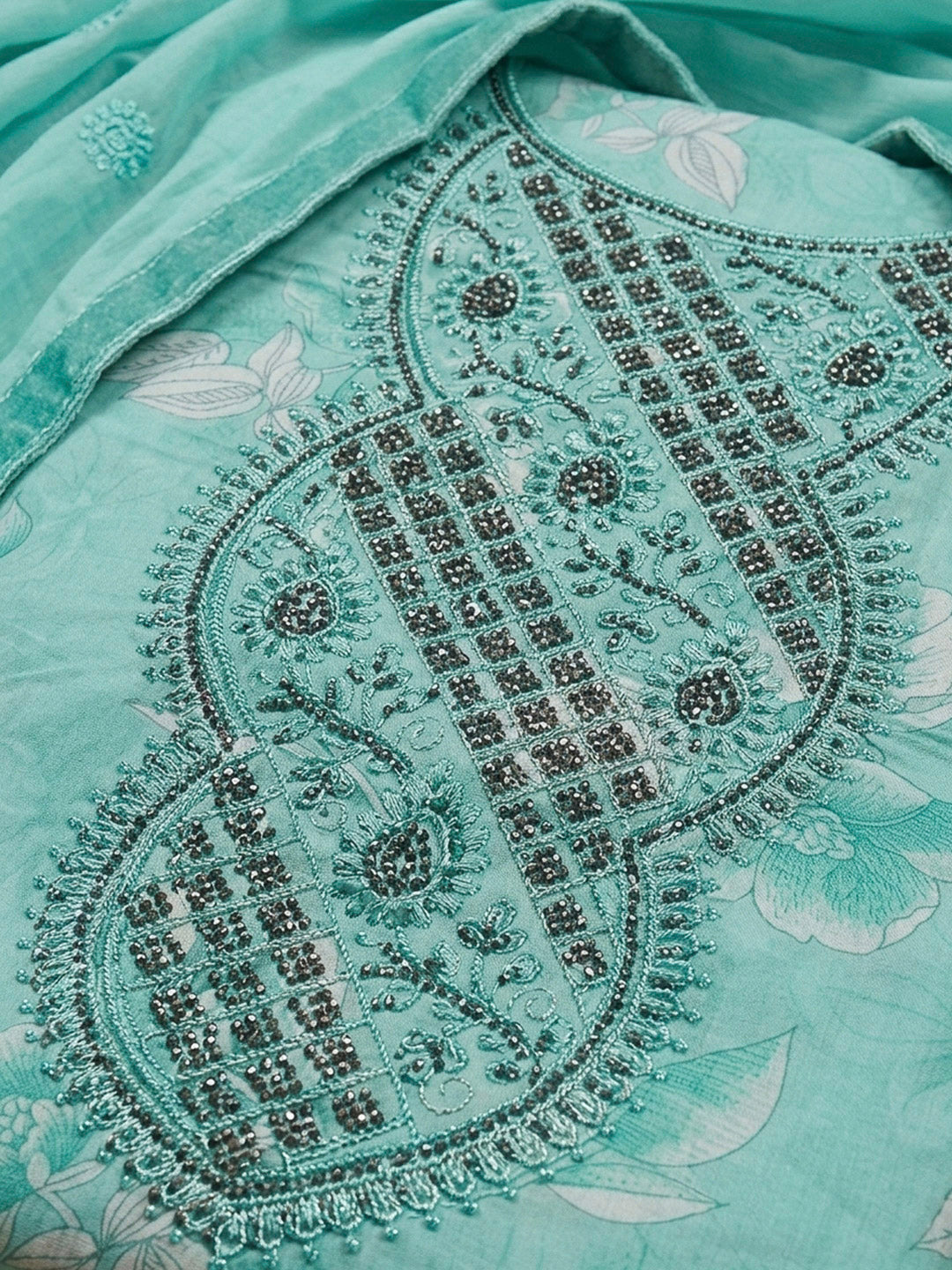 Rama Green Embroidery Cotton Blend Unstitched Dress Material