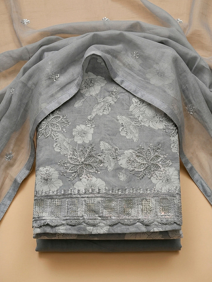 Grey Embroidery Cotton Blend Unstitched Dress Material