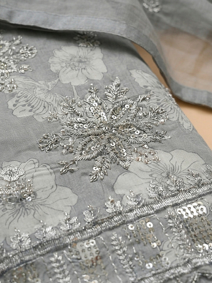 Grey Embroidery Cotton Blend Unstitched Dress Material