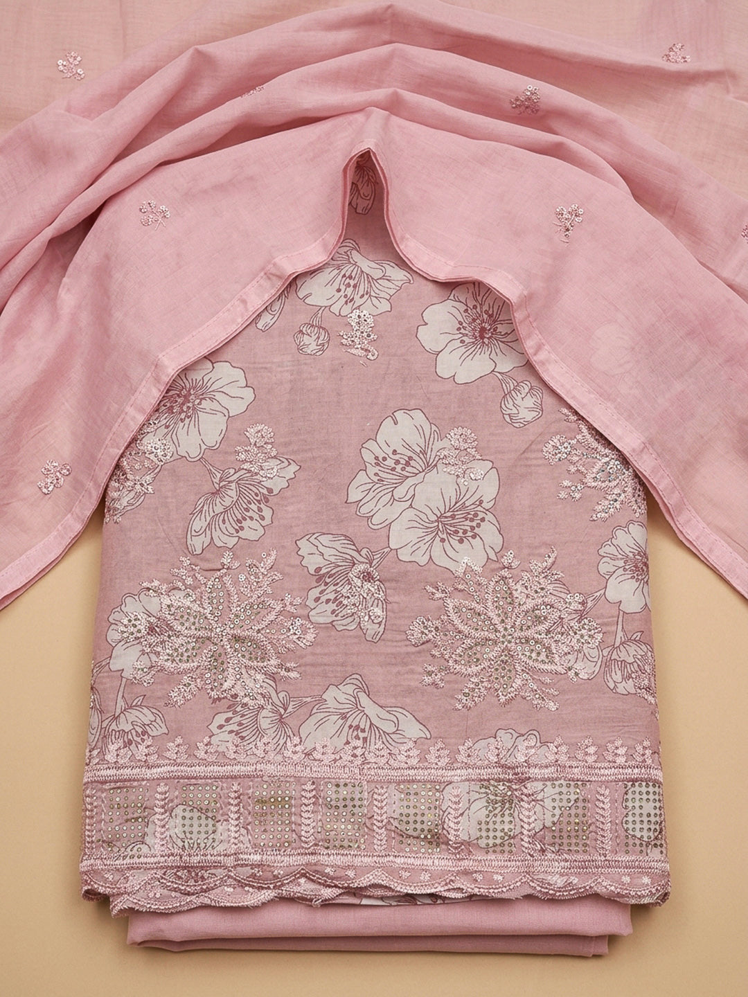 Peach Embroidery Cotton Blend Unstitched Dress Material