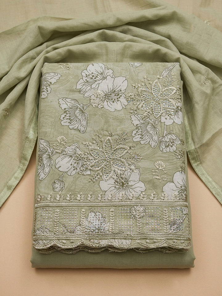 Pista Green Embroidery Cotton Blend Unstitched Dress Material
