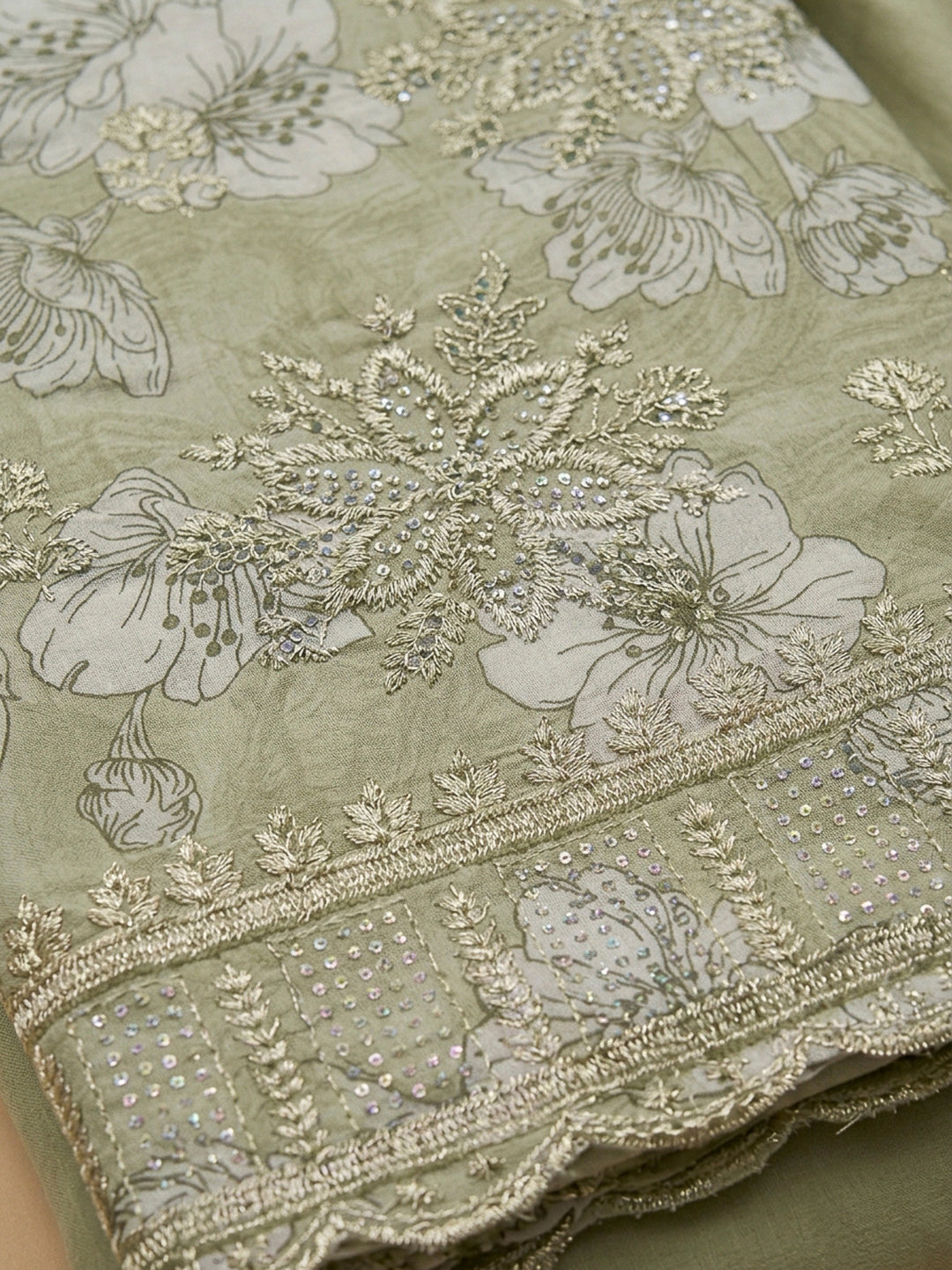 Pista Green Embroidery Cotton Blend Unstitched Dress Material