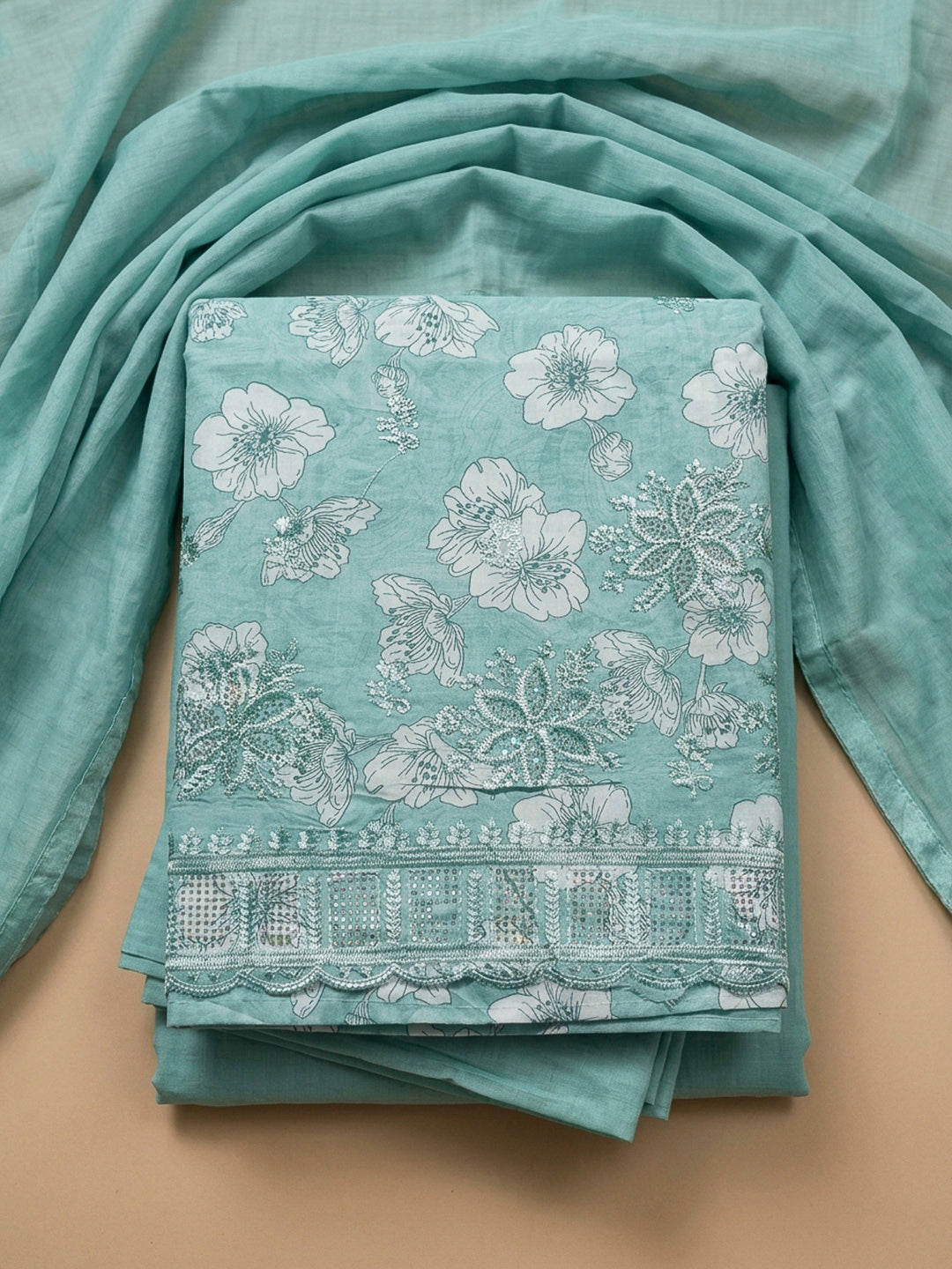 Rama Green Embroidery Cotton Blend Unstitched Dress Material