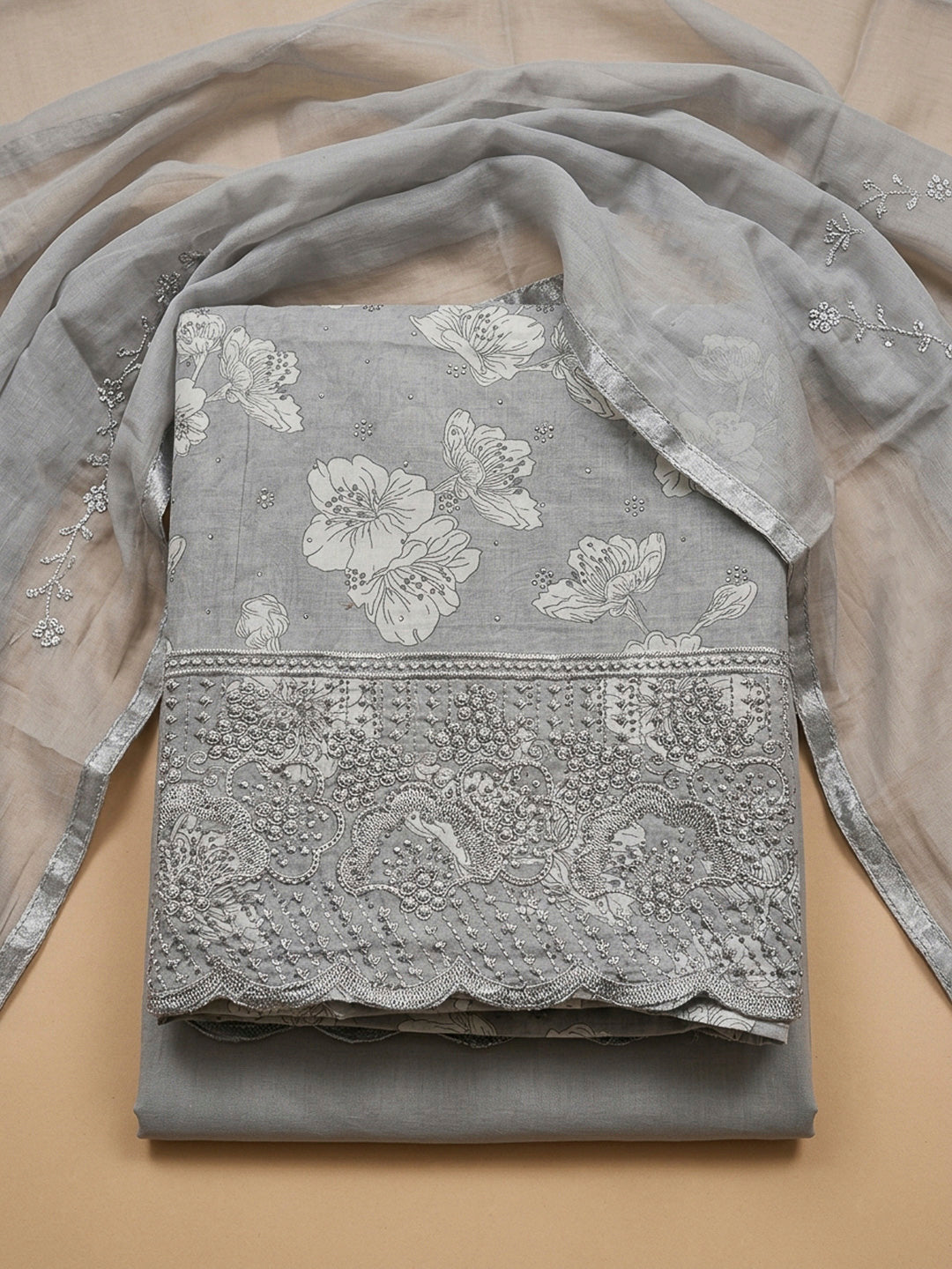 Grey Embroidery Cotton Blend Unstitched Dress Material