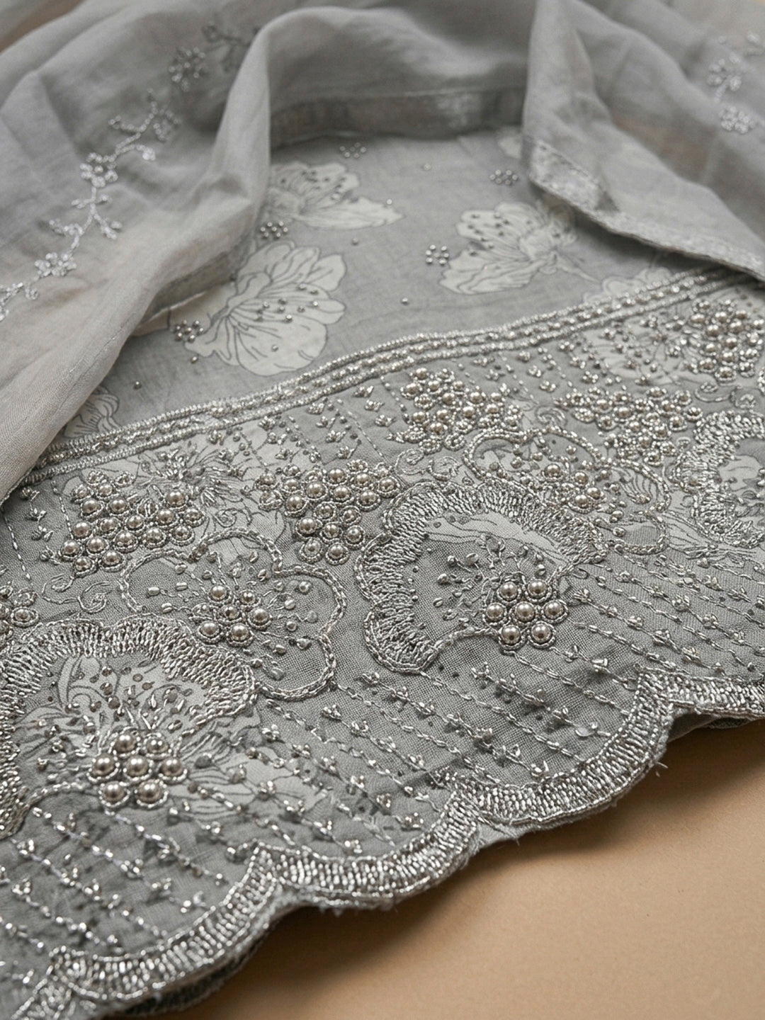 Grey Embroidery Cotton Blend Unstitched Dress Material