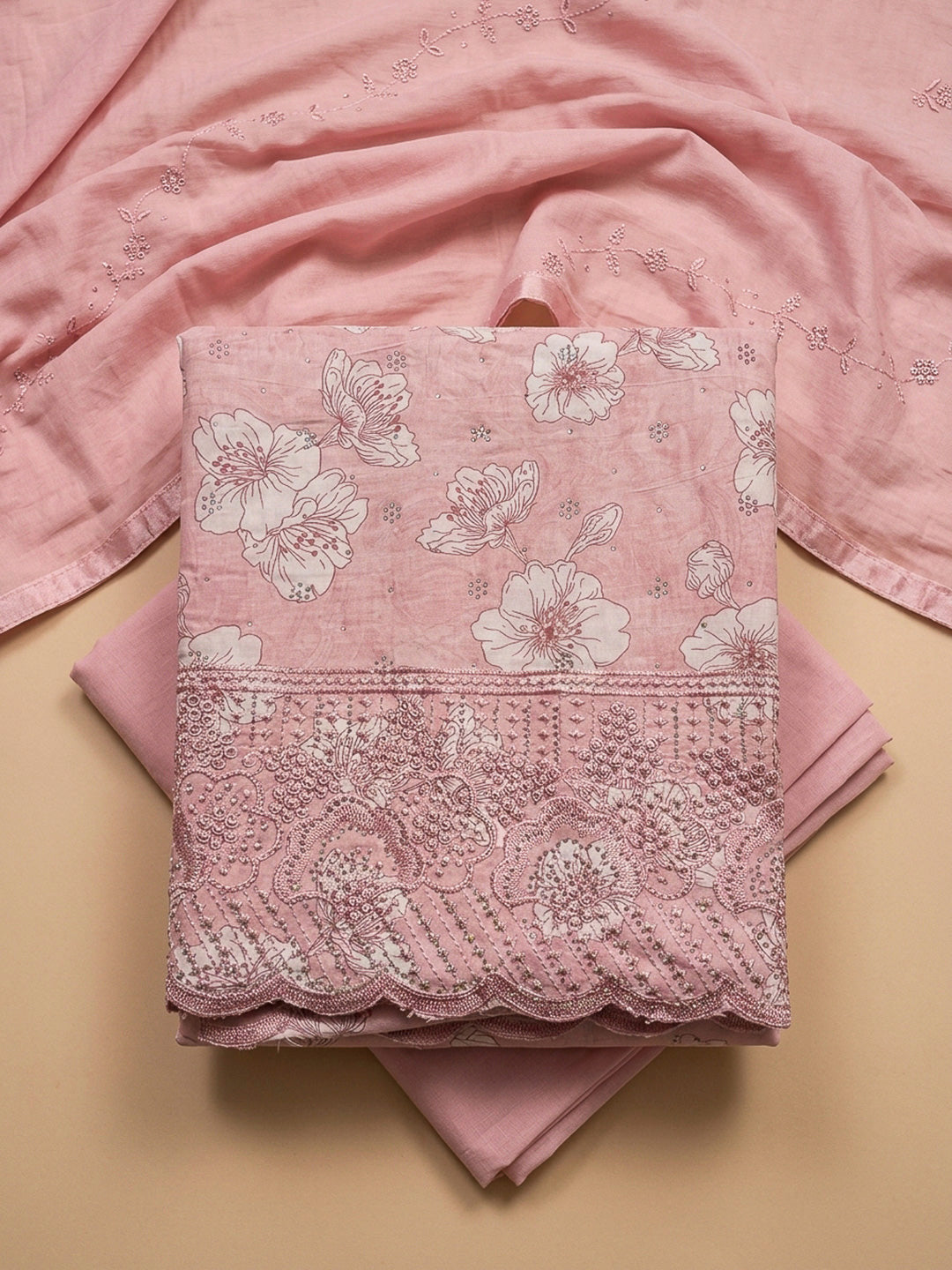 Peach Embroidery Cotton Blend Unstitched Dress Material