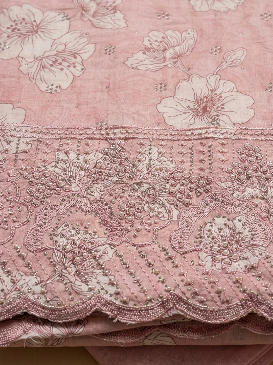 Peach Embroidery Cotton Blend Unstitched Dress Material