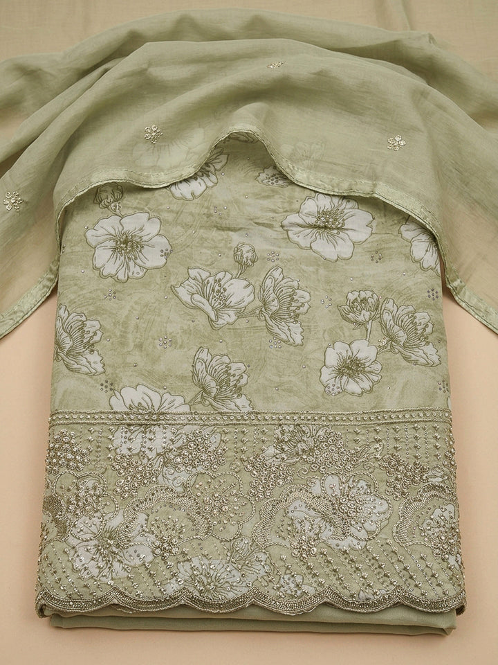 Pista Green Embroidery Cotton Blend Unstitched Dress Material