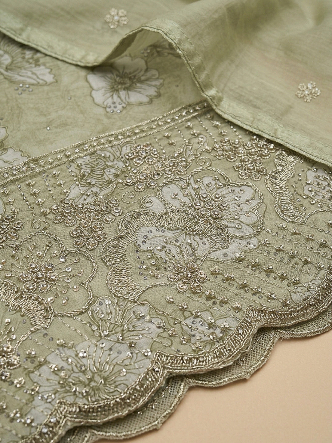 Pista Green Embroidery Cotton Blend Unstitched Dress Material