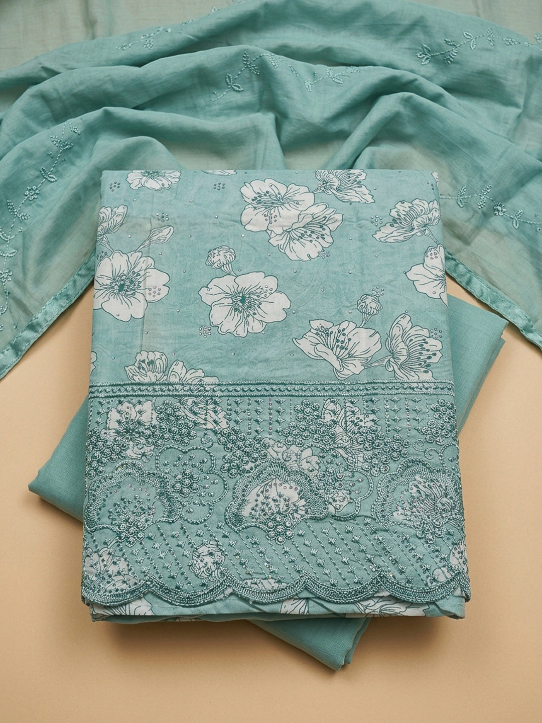 Rama Green Embroidery Cotton Blend Unstitched Dress Material