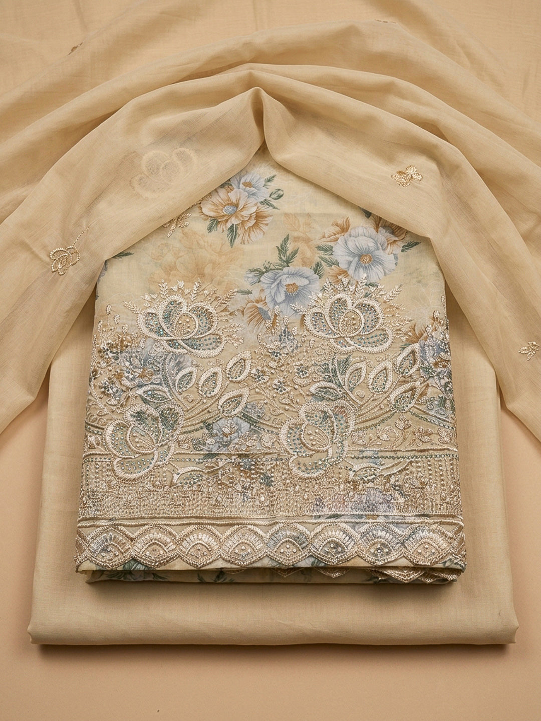 Beige Embroidery Cotton Blend Unstitched Dress Material