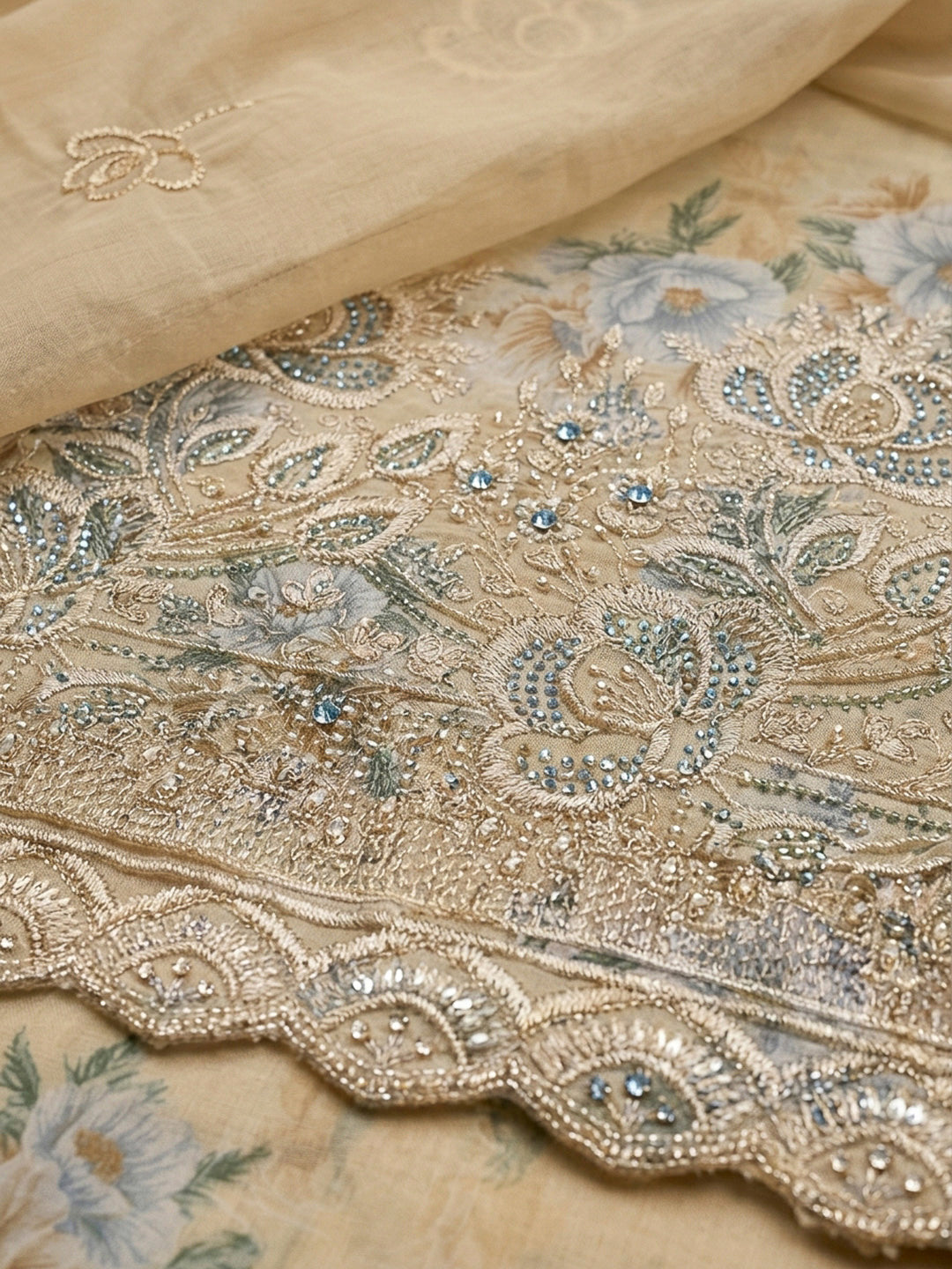 Beige Embroidery Cotton Blend Unstitched Dress Material