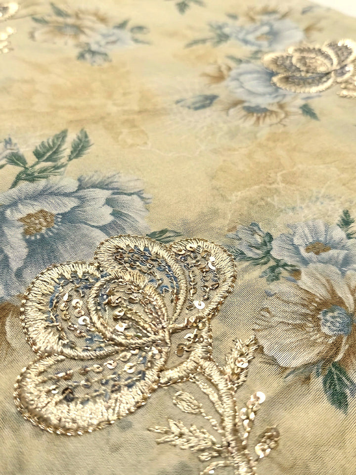 Beige Embroidery Cotton Blend Unstitched Dress Material