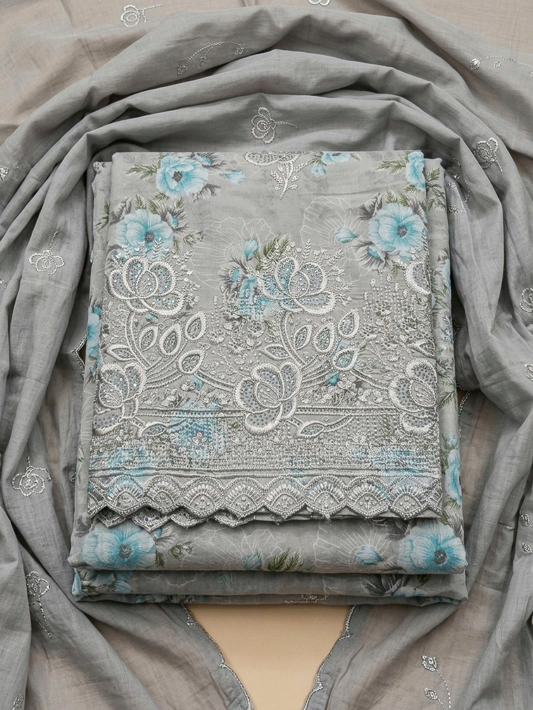 Grey Embroidery Cotton Blend Unstitched Dress Material