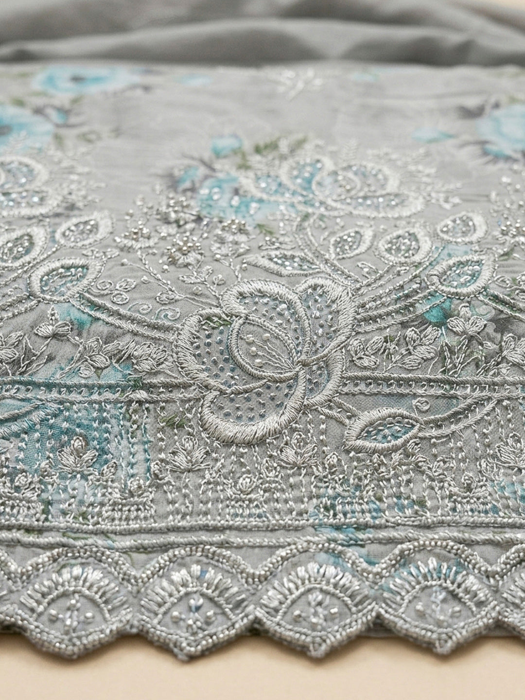 Grey Embroidery Cotton Blend Unstitched Dress Material