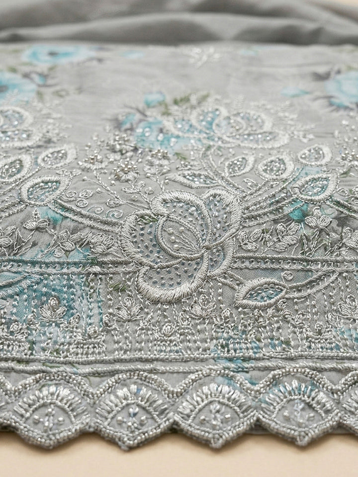 Grey Embroidery Cotton Blend Unstitched Dress Material