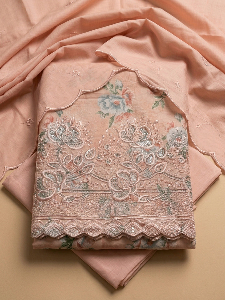 Peach Embroidery Cotton Blend Unstitched Dress Material
