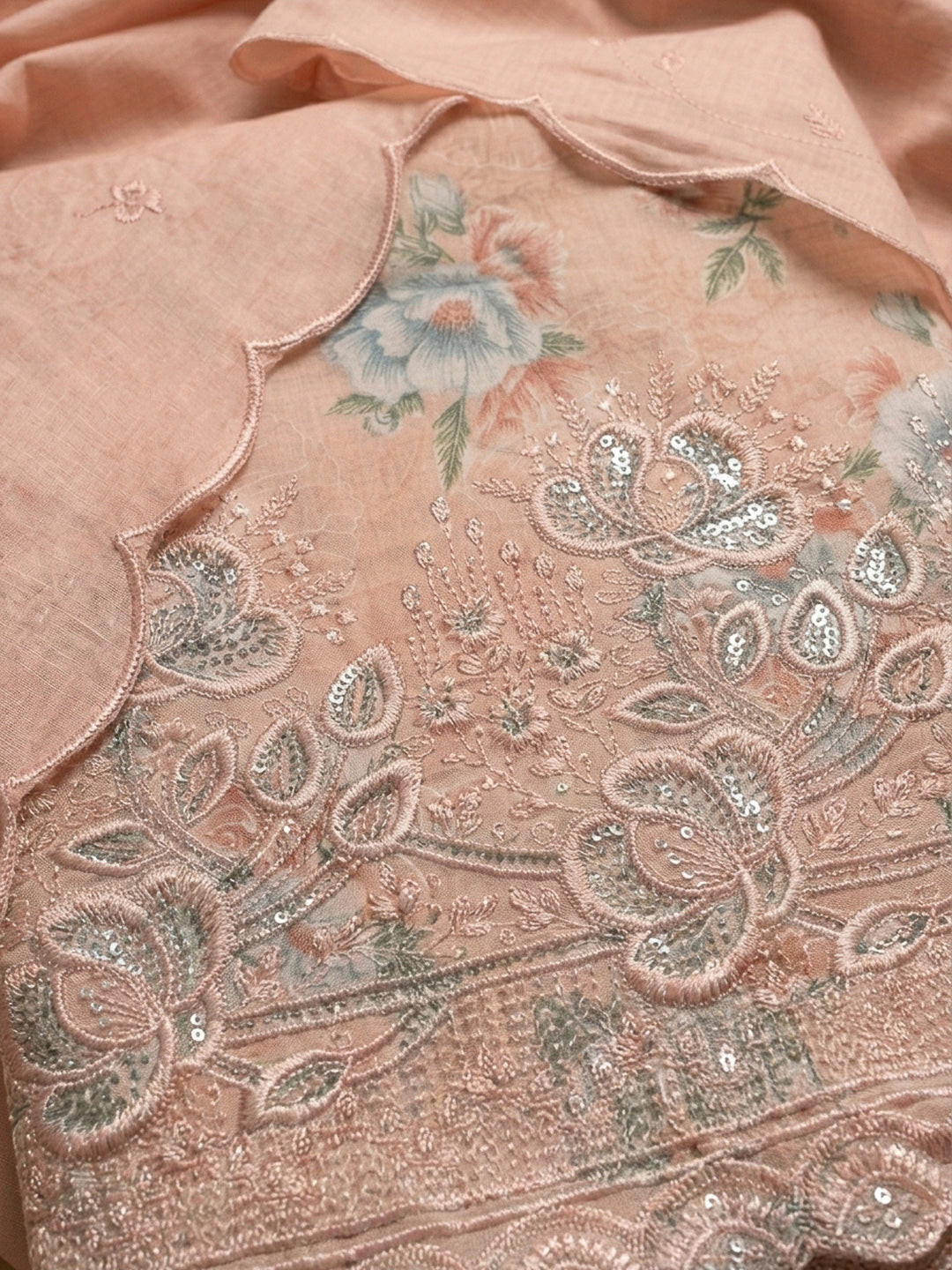 Peach Embroidery Cotton Blend Unstitched Dress Material