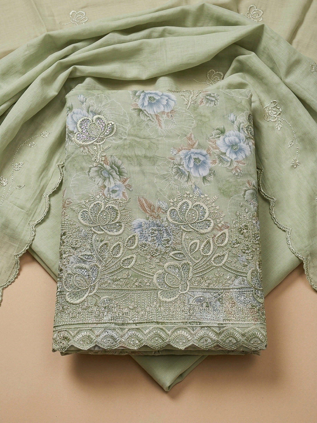 Pista Green Embroidery Cotton Blend Unstitched Dress Material