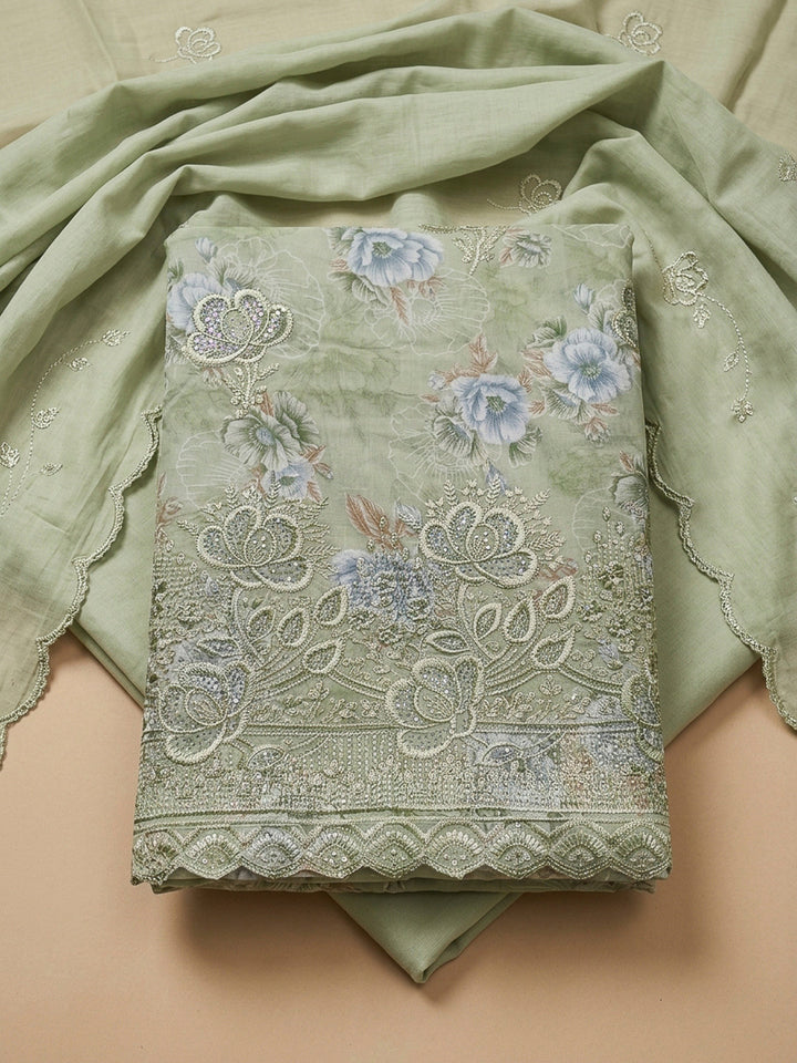 Pista Green Embroidery Cotton Blend Unstitched Dress Material