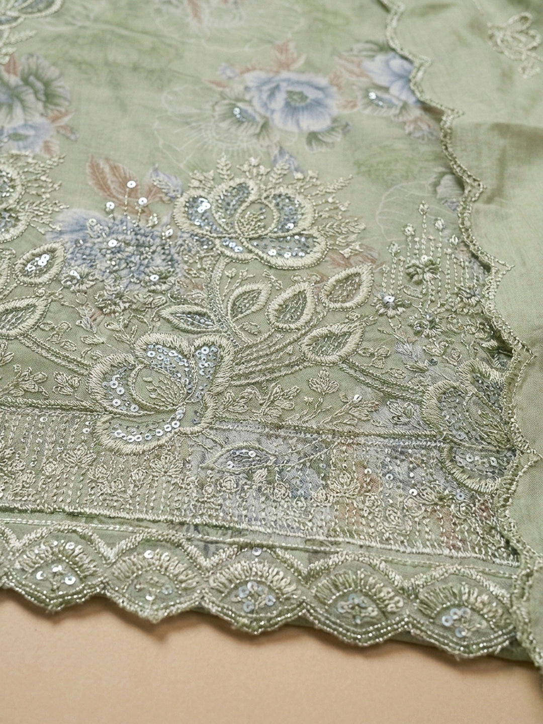 Pista Green Embroidery Cotton Blend Unstitched Dress Material