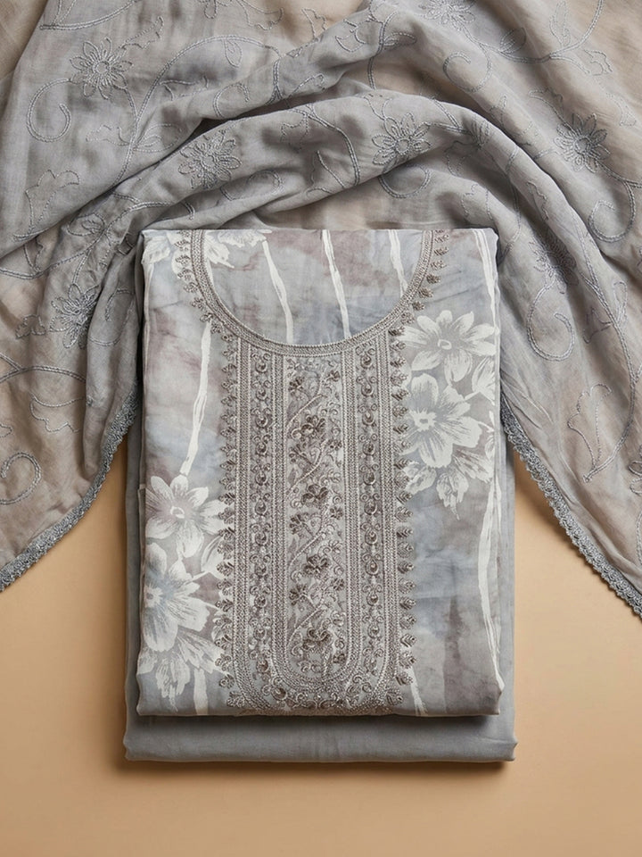 Grey Embroidered Cotton Blend Unstitched Suit &amp; Pant With Cotton Dupatta