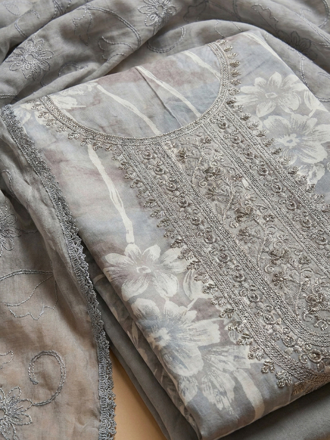 Grey Embroidered Cotton Blend Unstitched Suit &amp; Pant With Cotton Dupatta