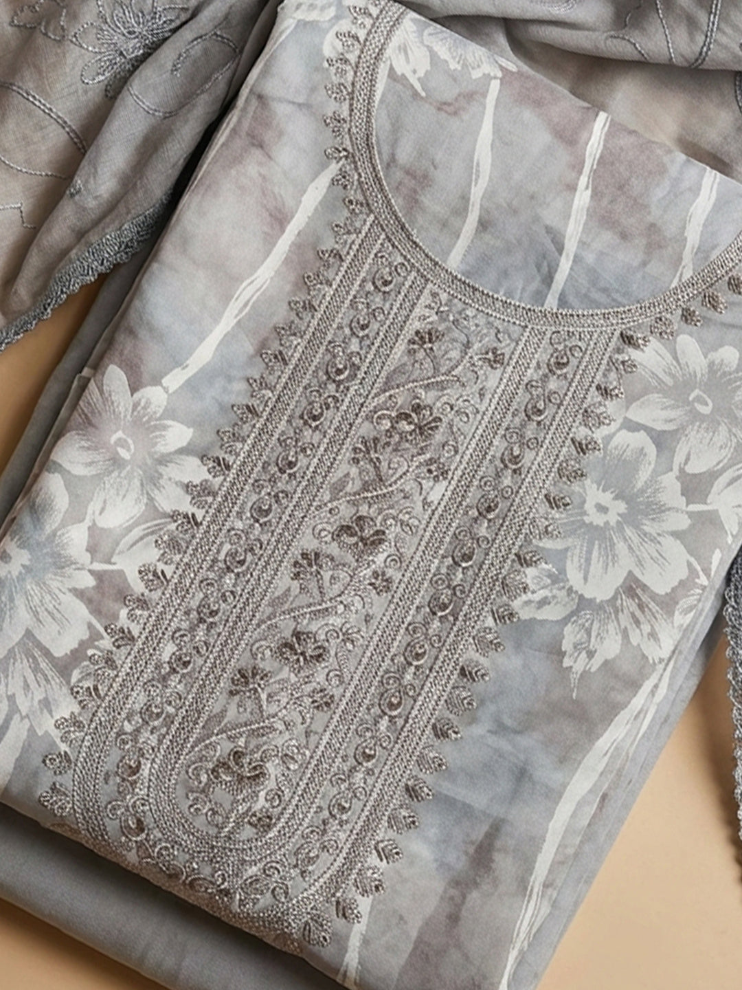 Grey Embroidered Cotton Blend Unstitched Suit &amp; Pant With Cotton Dupatta