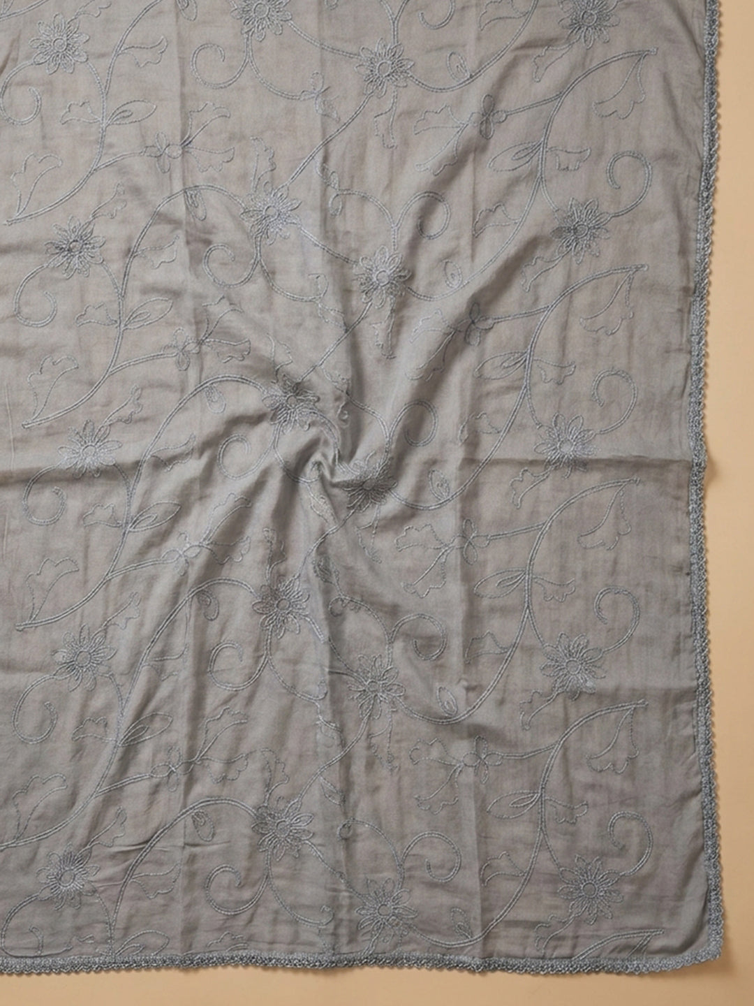 Grey Embroidered Cotton Blend Unstitched Suit &amp; Pant With Cotton Dupatta