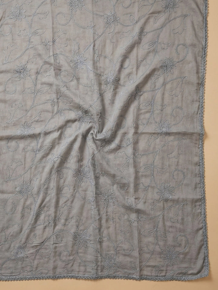 Grey Embroidered Cotton Blend Unstitched Suit &amp; Pant With Cotton Dupatta