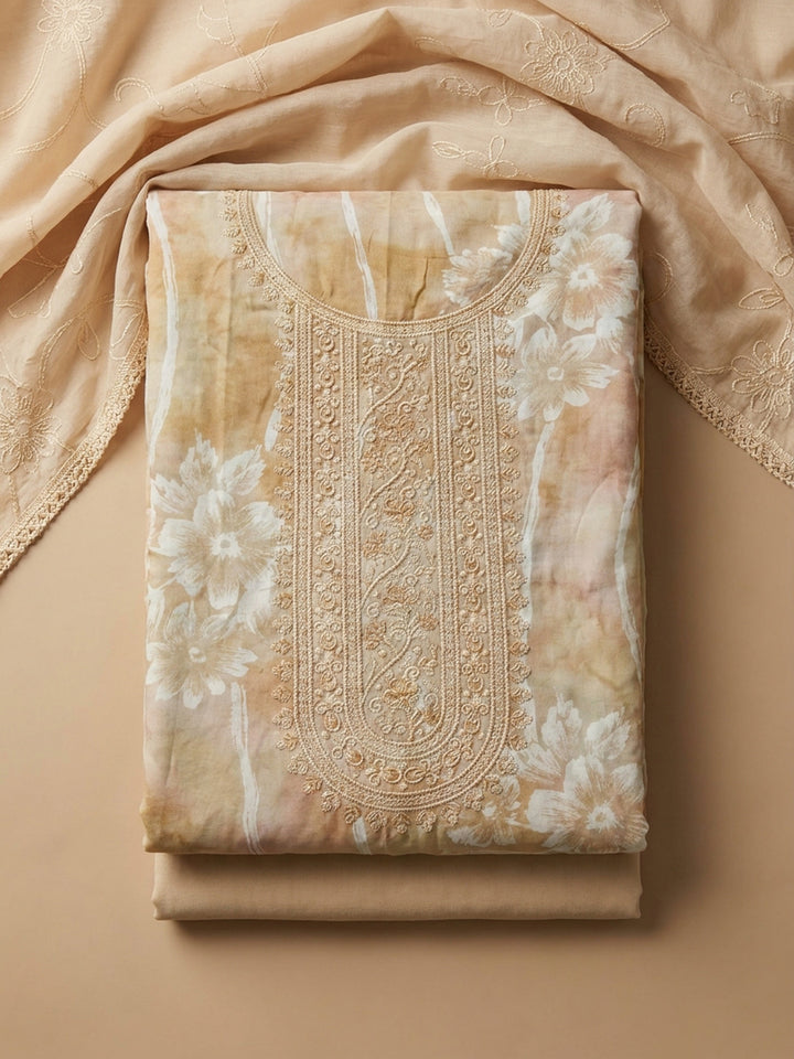 Mustard Embroidered Cotton Blend Unstitched Suit &amp; Pant With Cotton Dupatta