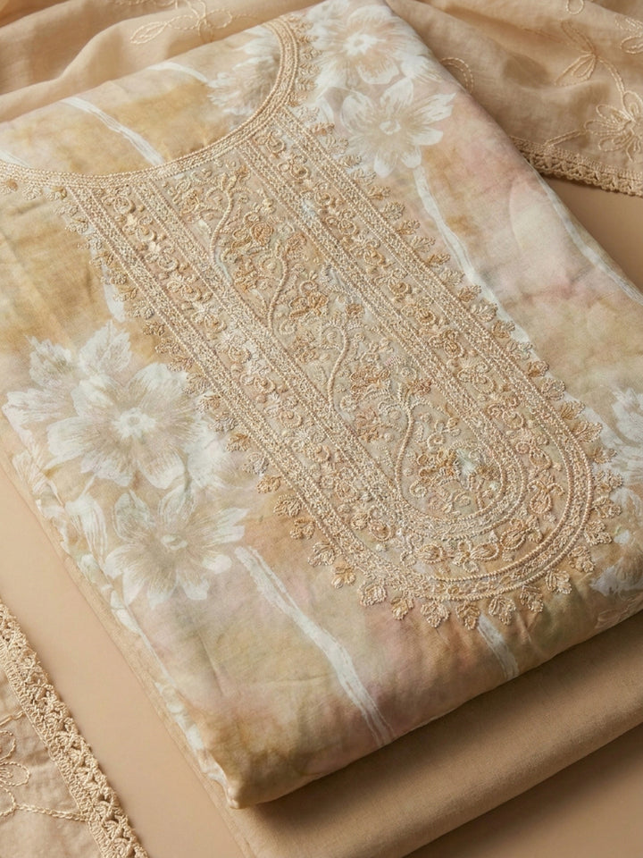 Mustard Embroidered Cotton Blend Unstitched Suit &amp; Pant With Cotton Dupatta